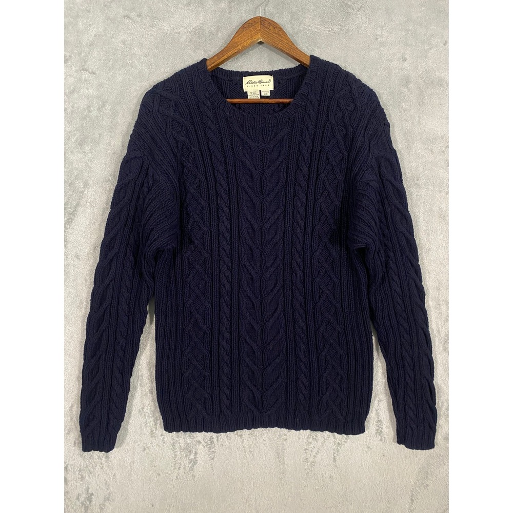 Eddie Bauer Sweater Sz L Navy Blue Cable Knit Cotton Chunky Pullover Fisherman